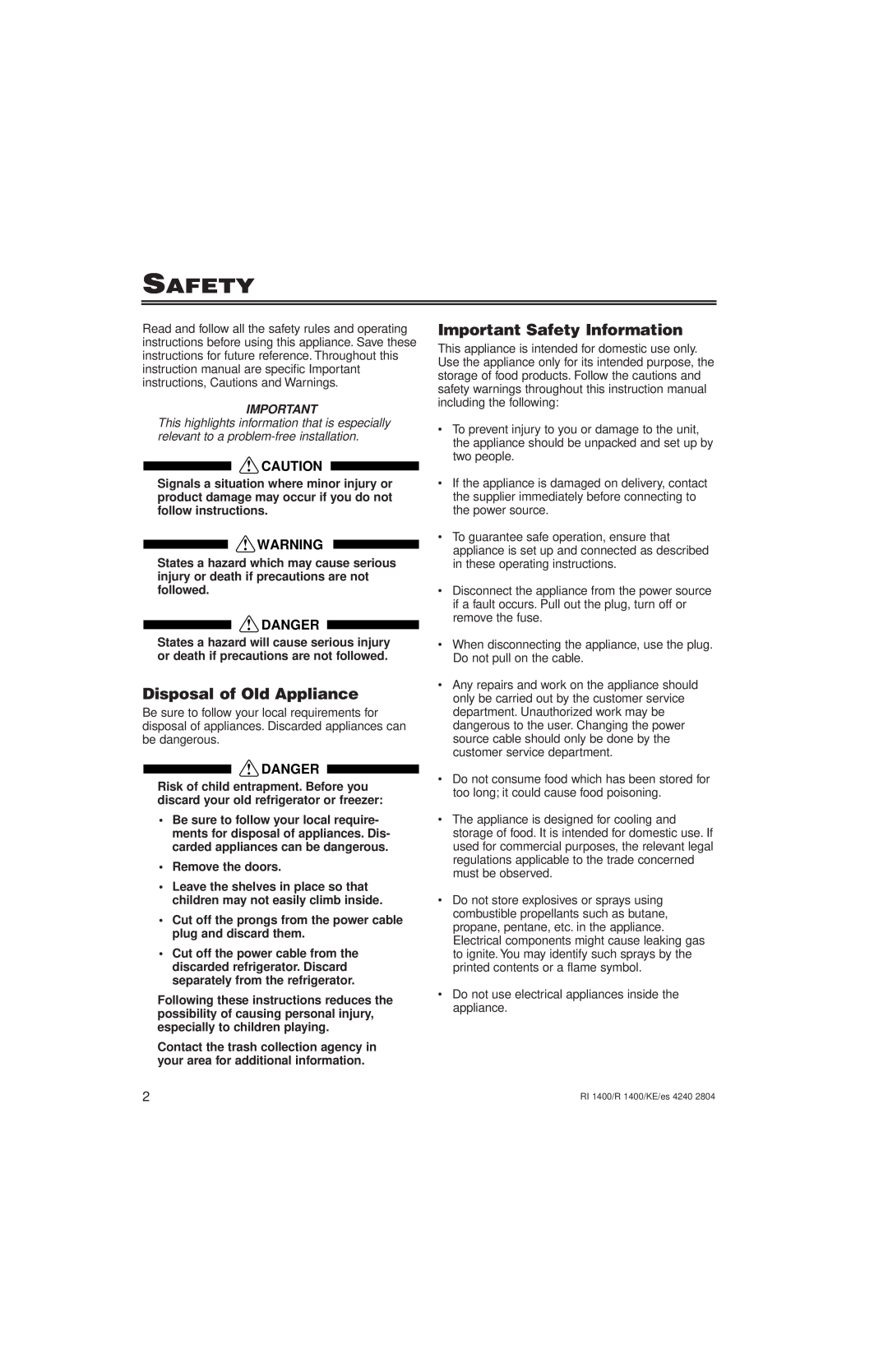 Liebherr R1400, KE/ES 4240 2804, RI1400, 7082 246-00 Disposal of Old Appliance, Important Safety Information, Danger 