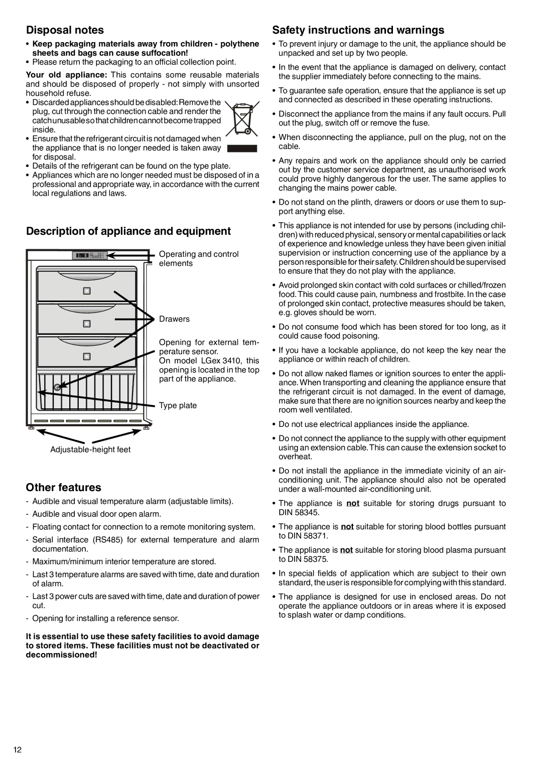 Liebherr LGex 910 Disposal notes, Description of appliance and equipment, Other features, Safety instructions and warnings 