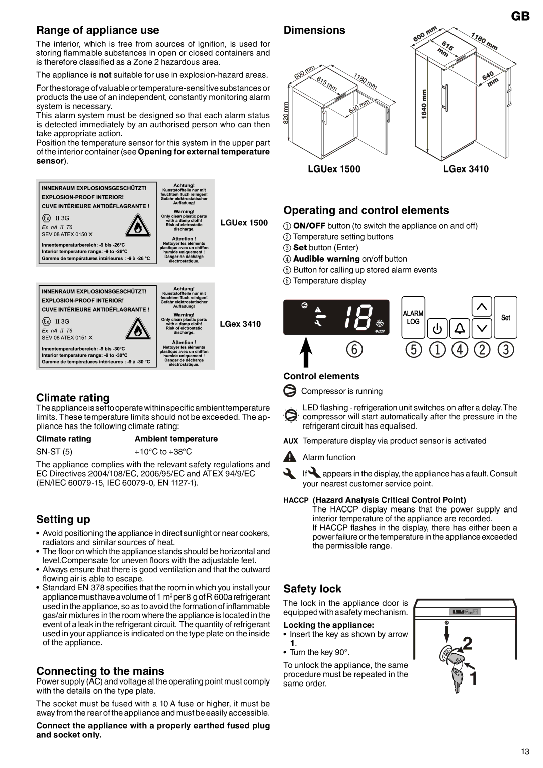 Liebherr LGex 910 Range of appliance use, Dimensions, Climate rating, Setting up, Connecting to the mains, Safety lock 