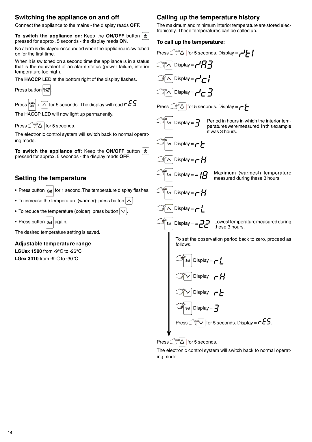 Liebherr LGex 910 manual Switching the appliance on and off, Setting the temperature, Calling up the temperature history 