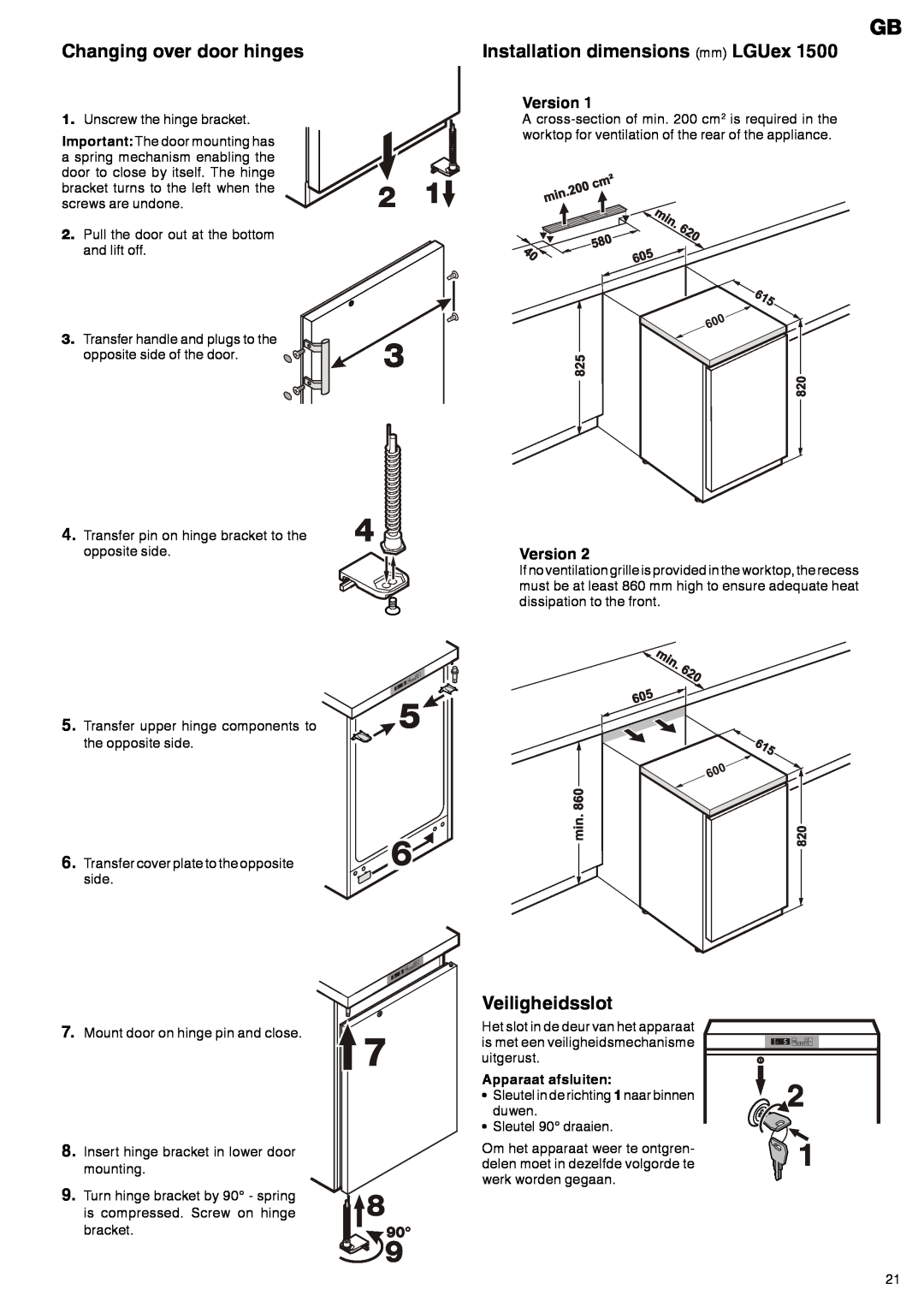 Liebherr LGex 910 manual Changing over door hinges, Installation dimensions mm LGUex, Veiligheidsslot, Version 