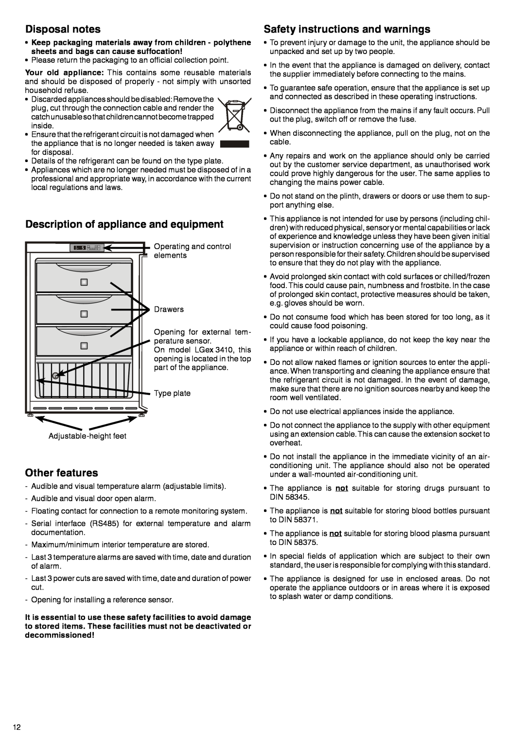 Liebherr LGex 910 Disposal notes, Description of appliance and equipment, Other features, Safety instructions and warnings 