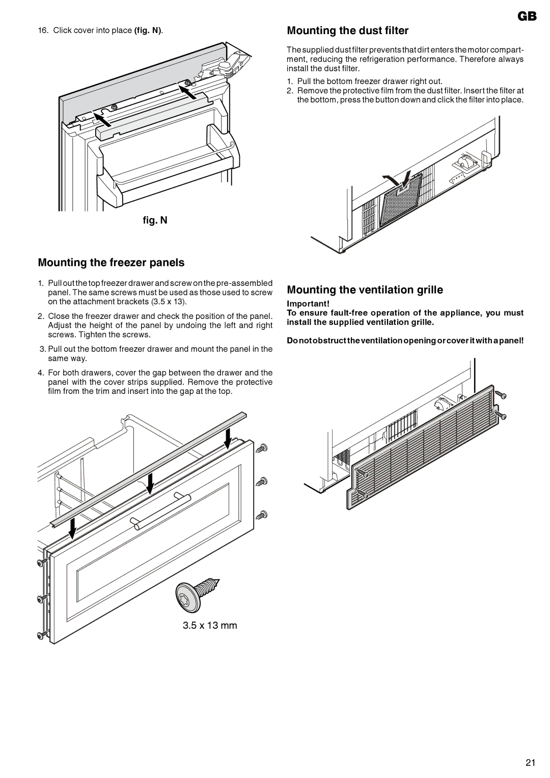 Liebherr liebherr manual Mounting the freezer panels, Mounting the dust filter, Mounting the ventilation grille 