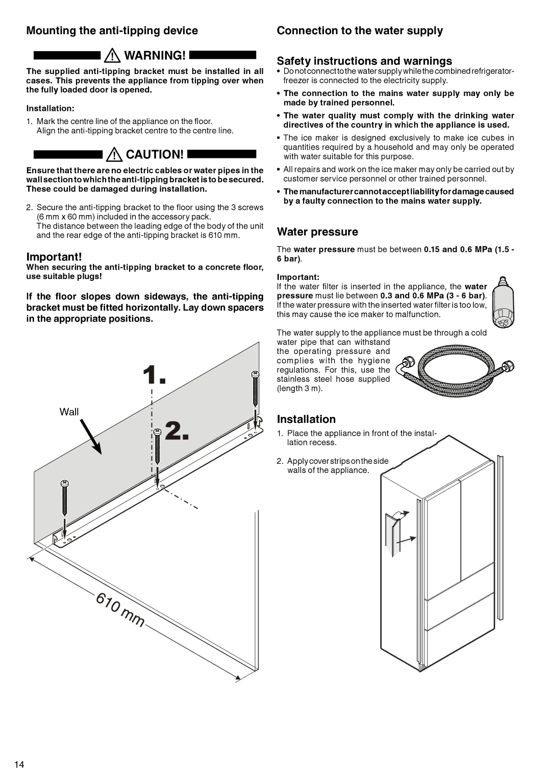 Liebherr liebherr manual Mounting the anti-tipping device, Water pressure, Installation 