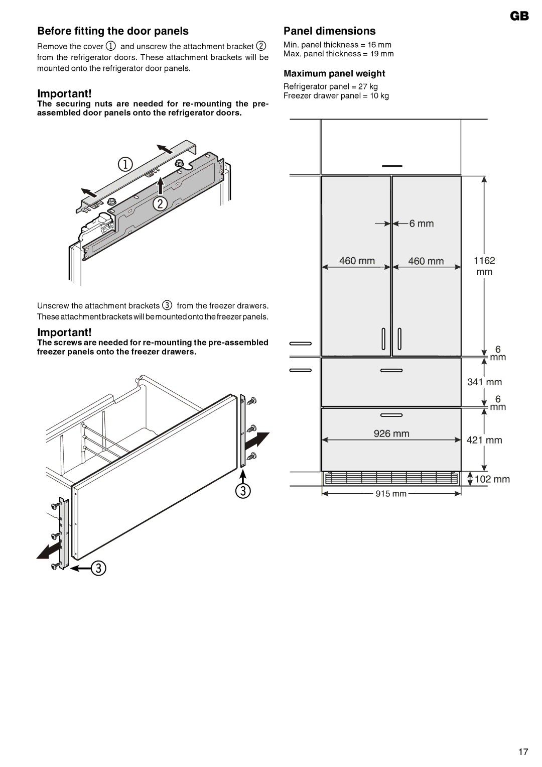 Liebherr liebherr manual Before fitting the door panels, Panel dimensions 