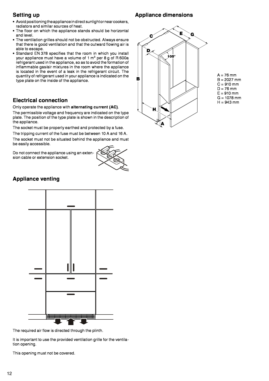 Liebherr liebherr manual Setting up, Appliance dimensions, Electrical connection, Appliance venting 