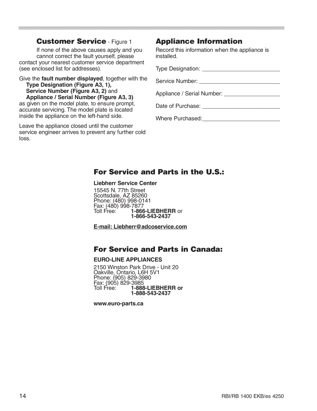 Liebherr EKB/es 4250 0406, RB 1400 Customer Service Figure, Appliance Information, For Service and Parts in the U.S 