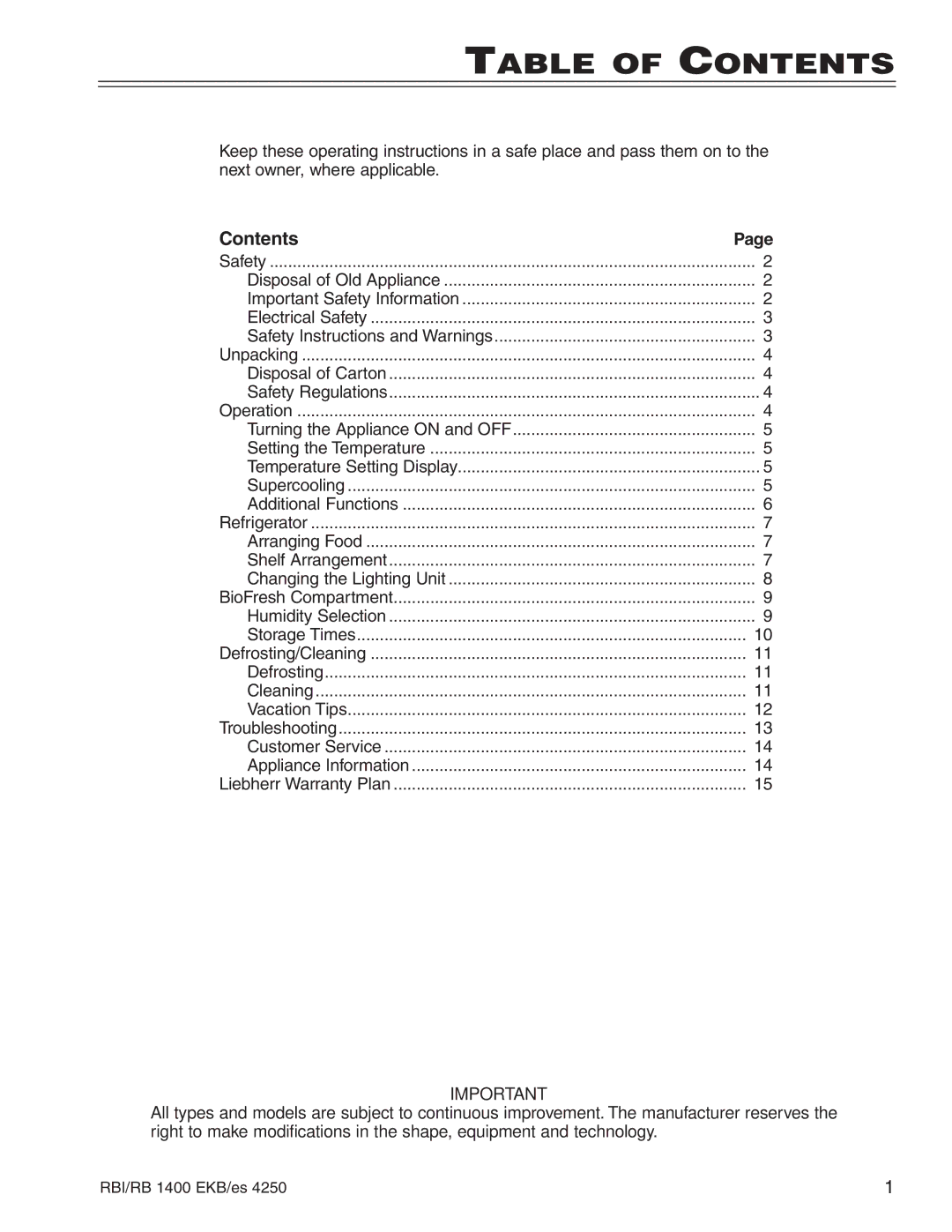 Liebherr RBI 1400, RB 1400, EKB/es 4250 0406, 7082 404-00 manuel dutilisation Table of Contents 