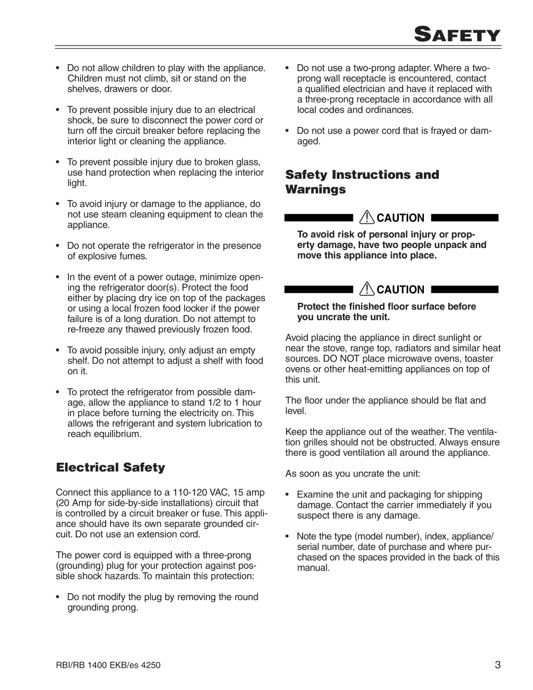 Liebherr 7082 404-00, RB 1400, RBI 1400, EKB/es 4250 0406 manuel dutilisation Electrical Safety, Safety Instructions 