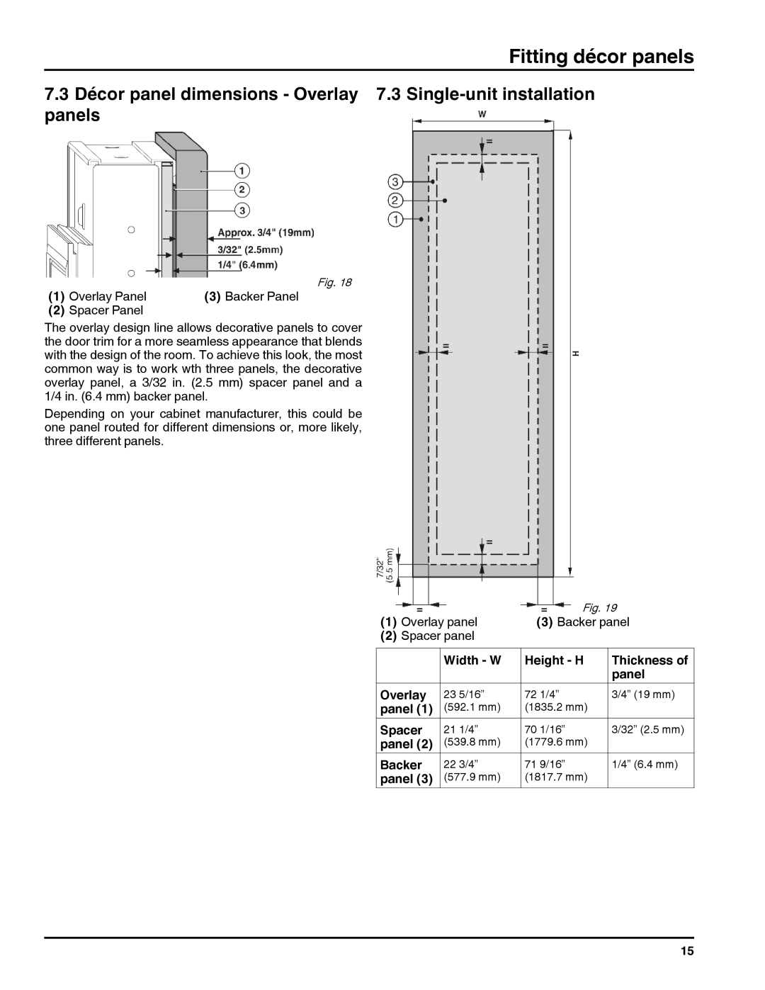 Liebherr RI 1410/ RBI 1410/ FI 1051 manual Overlay Panel Backer Panel Spacer Panel, Height H, Thickness of panel 