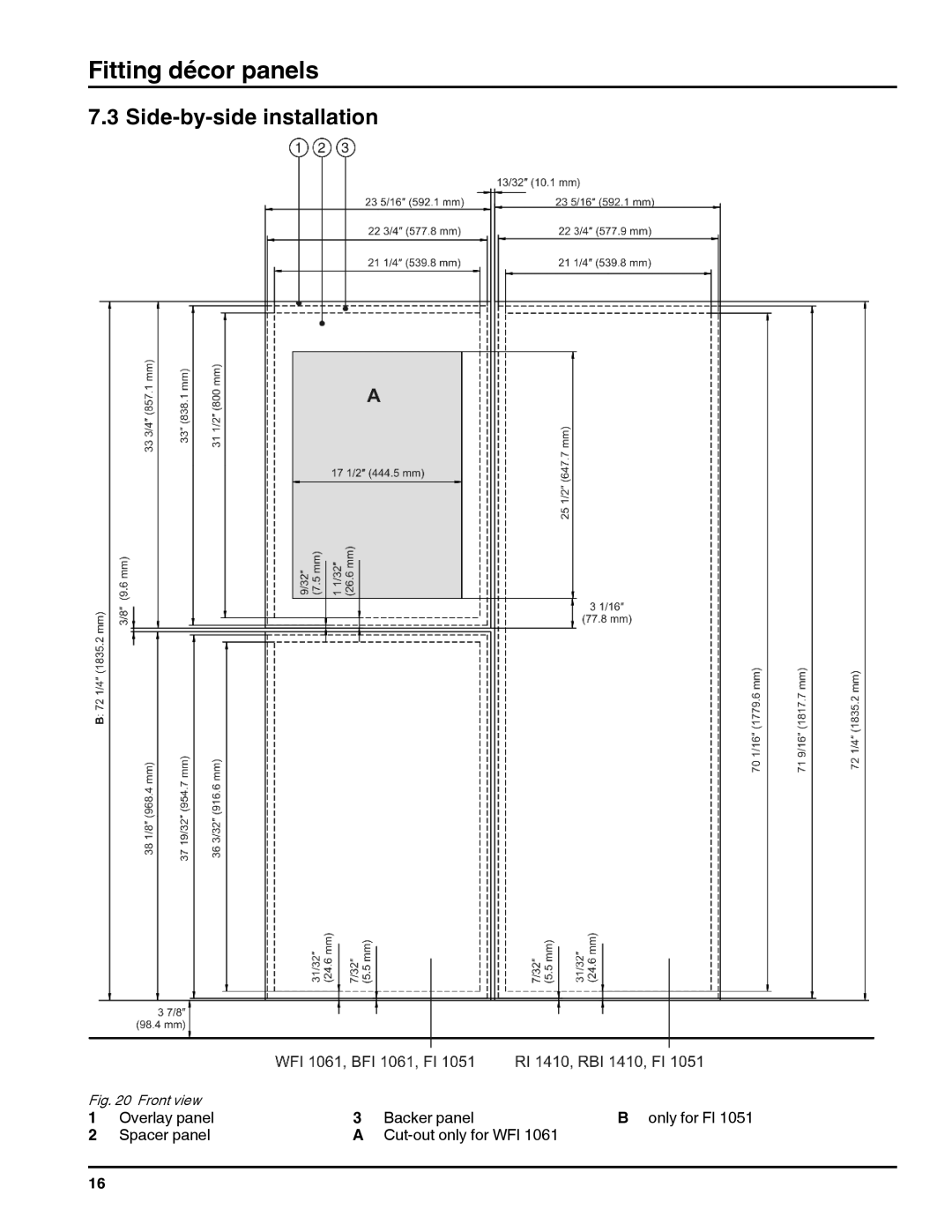 Liebherr RI 1410/ RBI 1410/ FI 1051 manual Side-by-side installation, Front view 