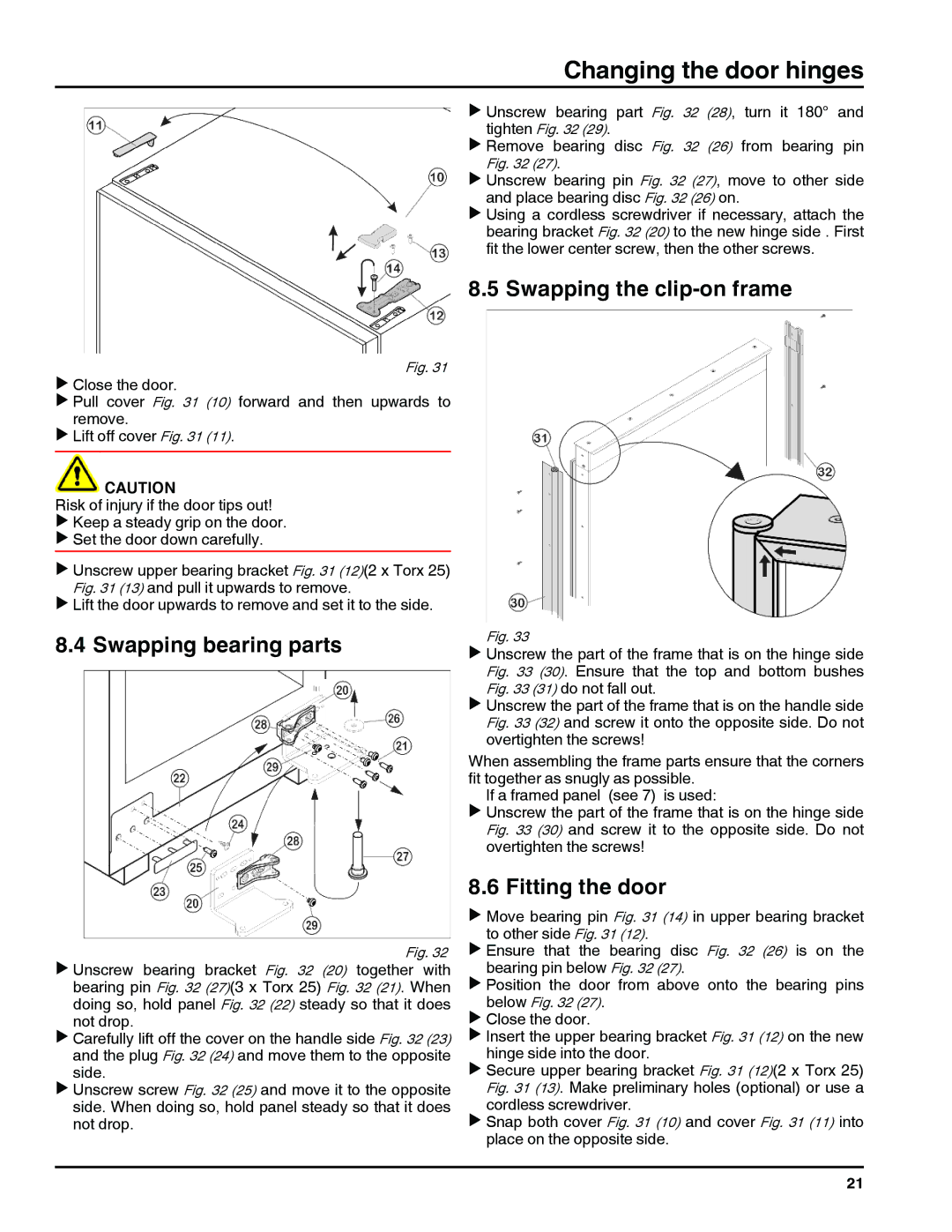 Liebherr RI 1410/ RBI 1410/ FI 1051 manual Swapping the clip-on frame, Swapping bearing parts, Fitting the door 