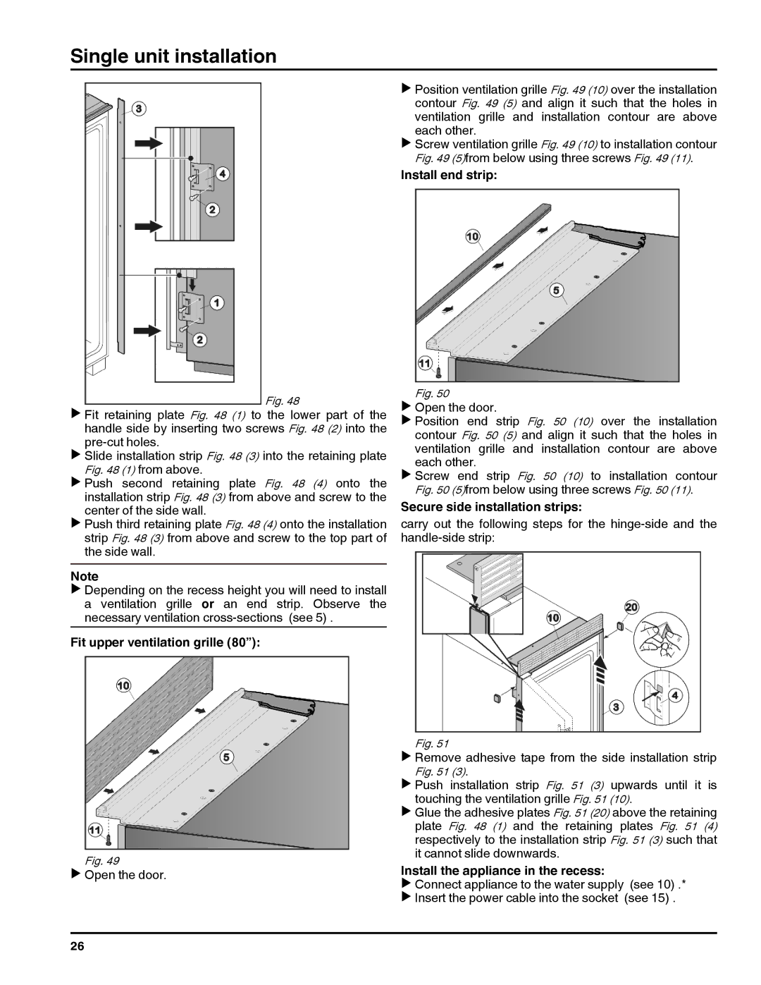 Liebherr RI 1410/ RBI 1410/ FI 1051 manual Fit upper ventilation grille, Install end strip, Secure side installation strips 