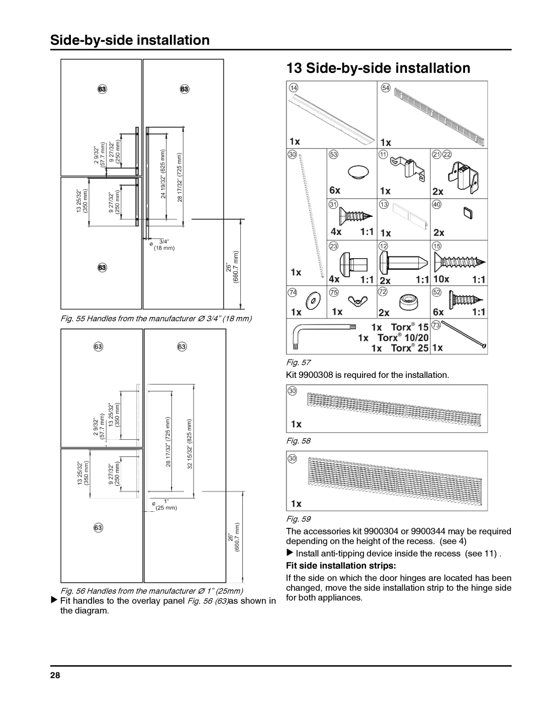 Liebherr RI 1410/ RBI 1410/ FI 1051 manual Side-by-side installation, Fit side installation strips 