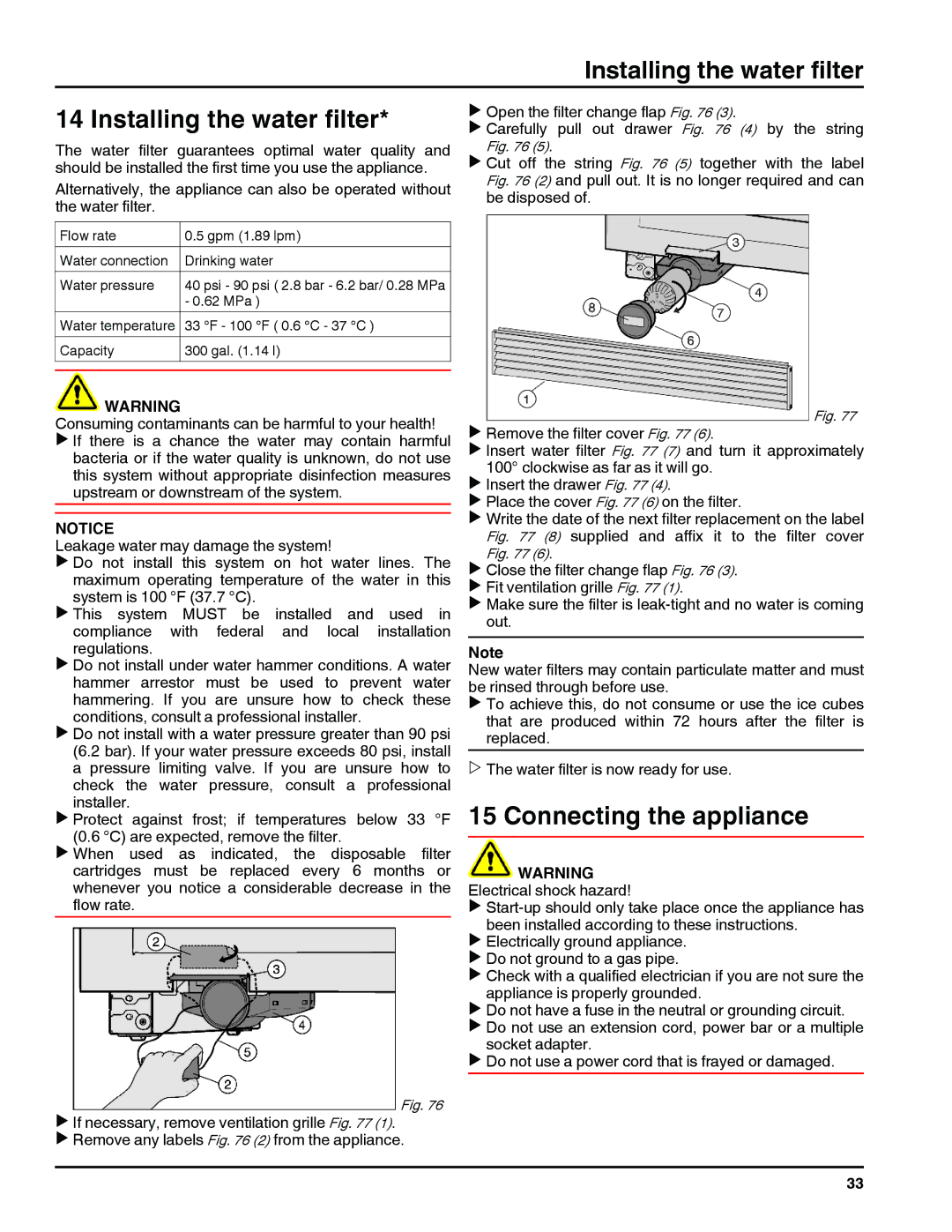 Liebherr RI 1410/ RBI 1410/ FI 1051 manual Installing the water filter, Connecting the appliance 