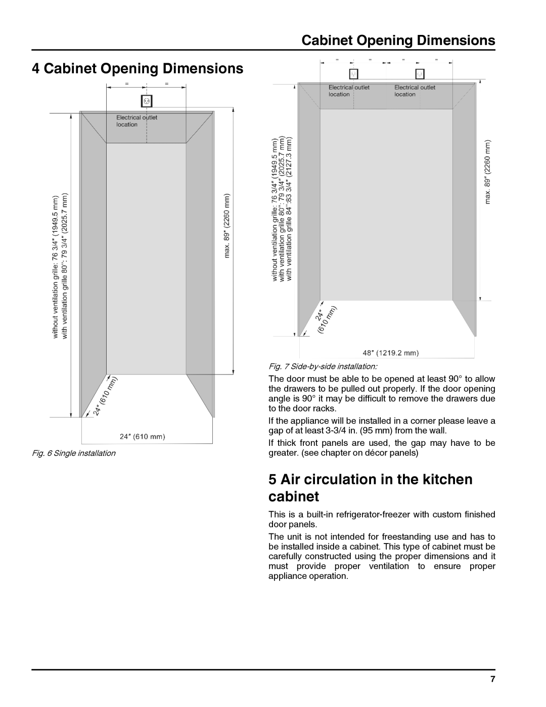 Liebherr RI 1410/ RBI 1410/ FI 1051 manual Cabinet Opening Dimensions, Air circulation in the kitchen cabinet 