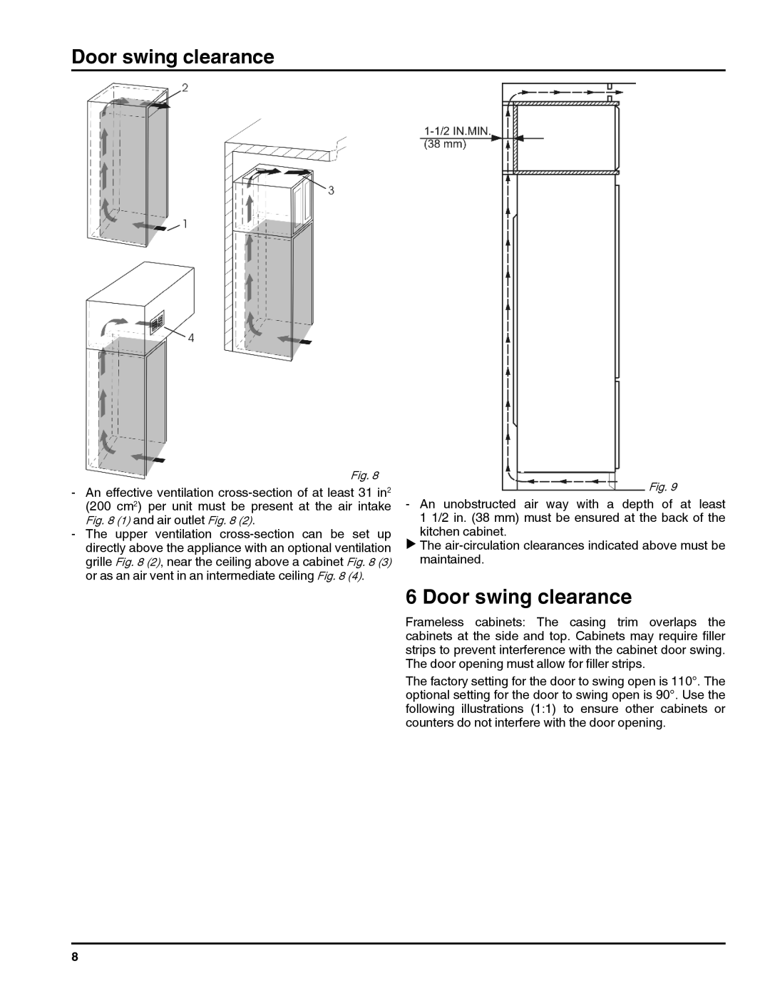 Liebherr RI 1410/ RBI 1410/ FI 1051 manual Door swing clearance, Air outlet 