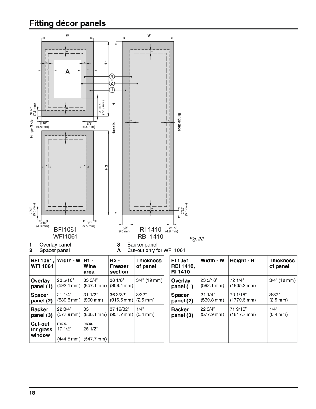 Liebherr RI 1410/ RBI 1410/ FI 1051 manual Fitting décor panels, Overlay panel, Backer panel, Spacer panel 