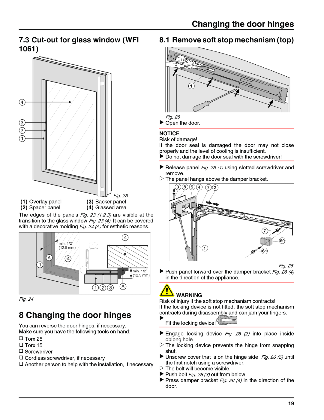 Liebherr RI 1410/ RBI 1410/ FI 1051 manual Changing the door hinges, Cut-out for glass window WFI, 1061, Glassed area 