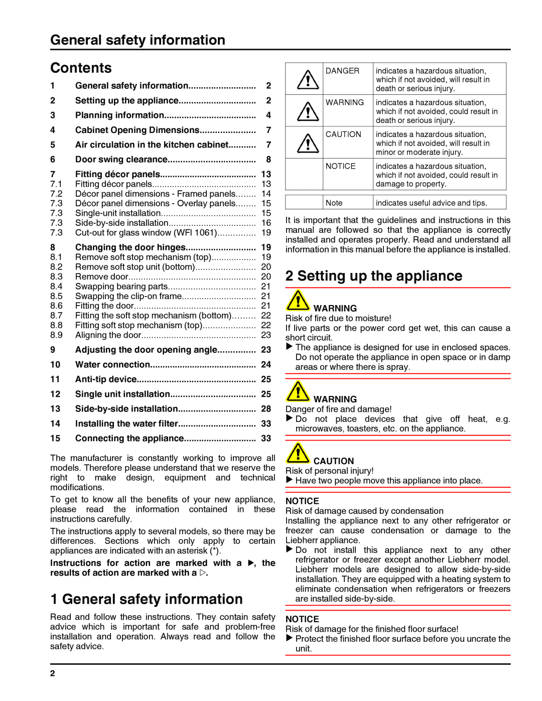 Liebherr RI 1410/ RBI 1410/ FI 1051 manual General safety information, Contents, Setting up the appliance 
