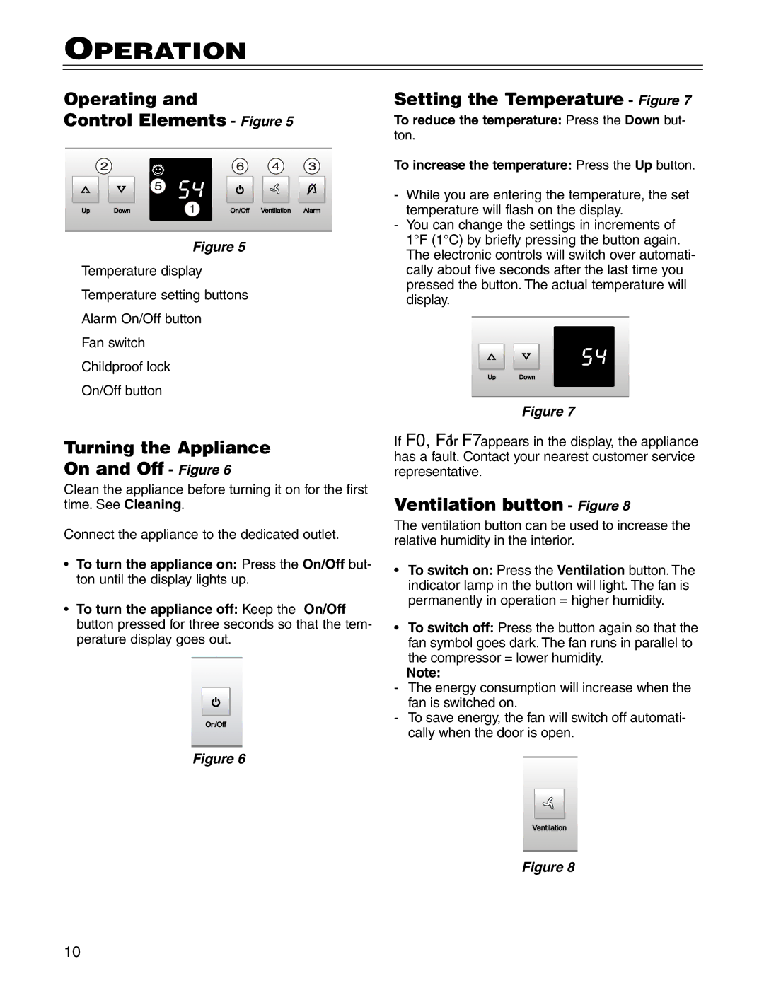 Liebherr RO 500, 7081 457-00 manual Operation, Operating Control Elements Figure, Turning the Appliance On and Off Figure 