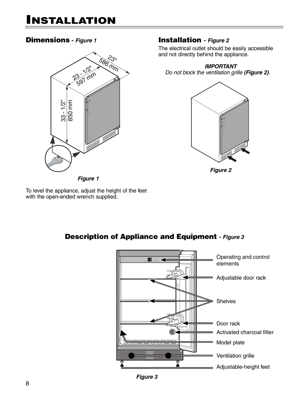 Liebherr RO 500, 7081 457-00 manual Installation, Description of Appliance and Equipment Figure 