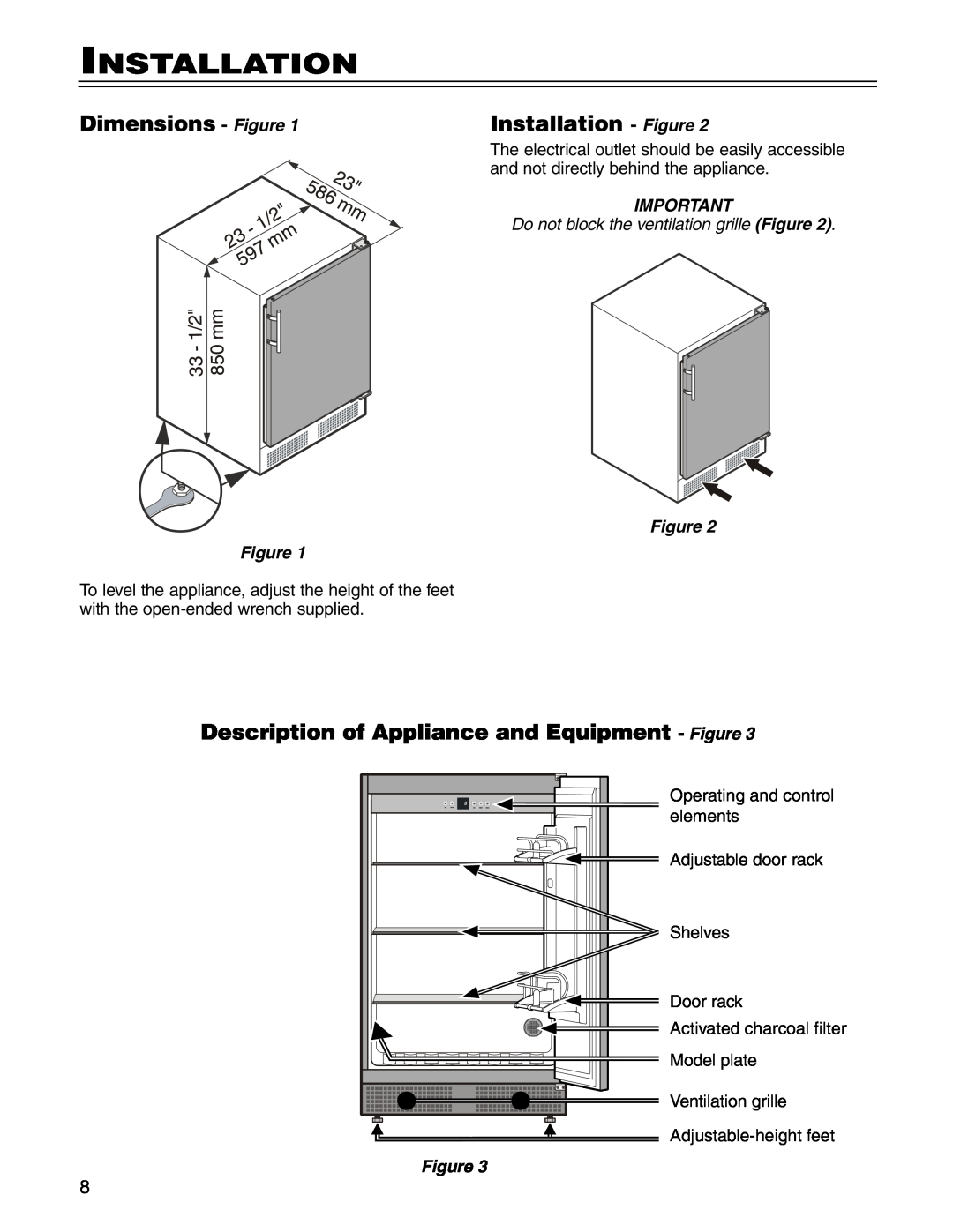 Liebherr RO 500 manual Description of Appliance and Equipment - Figure, Dimensions - Figure, Installation - Figure 