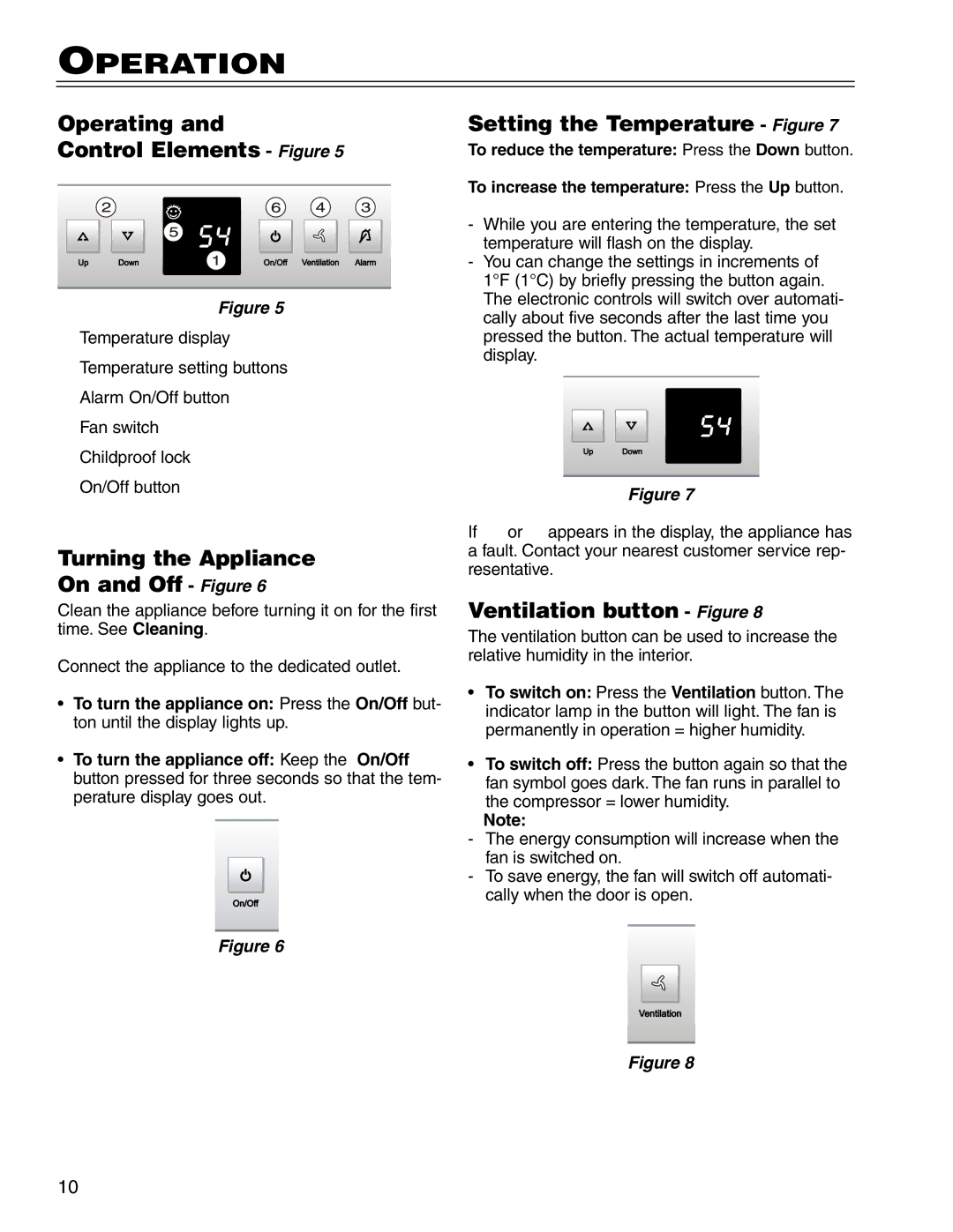 Liebherr RO500 manual Operation, Operating Control Elements Figure, Turning the Appliance On and Off Figure 