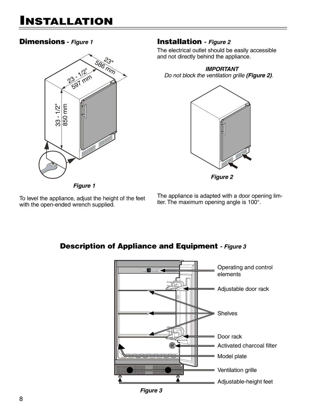 Liebherr RO500 manual Dimensions Figure, Installation Figure, Description of Appliance and Equipment Figure 