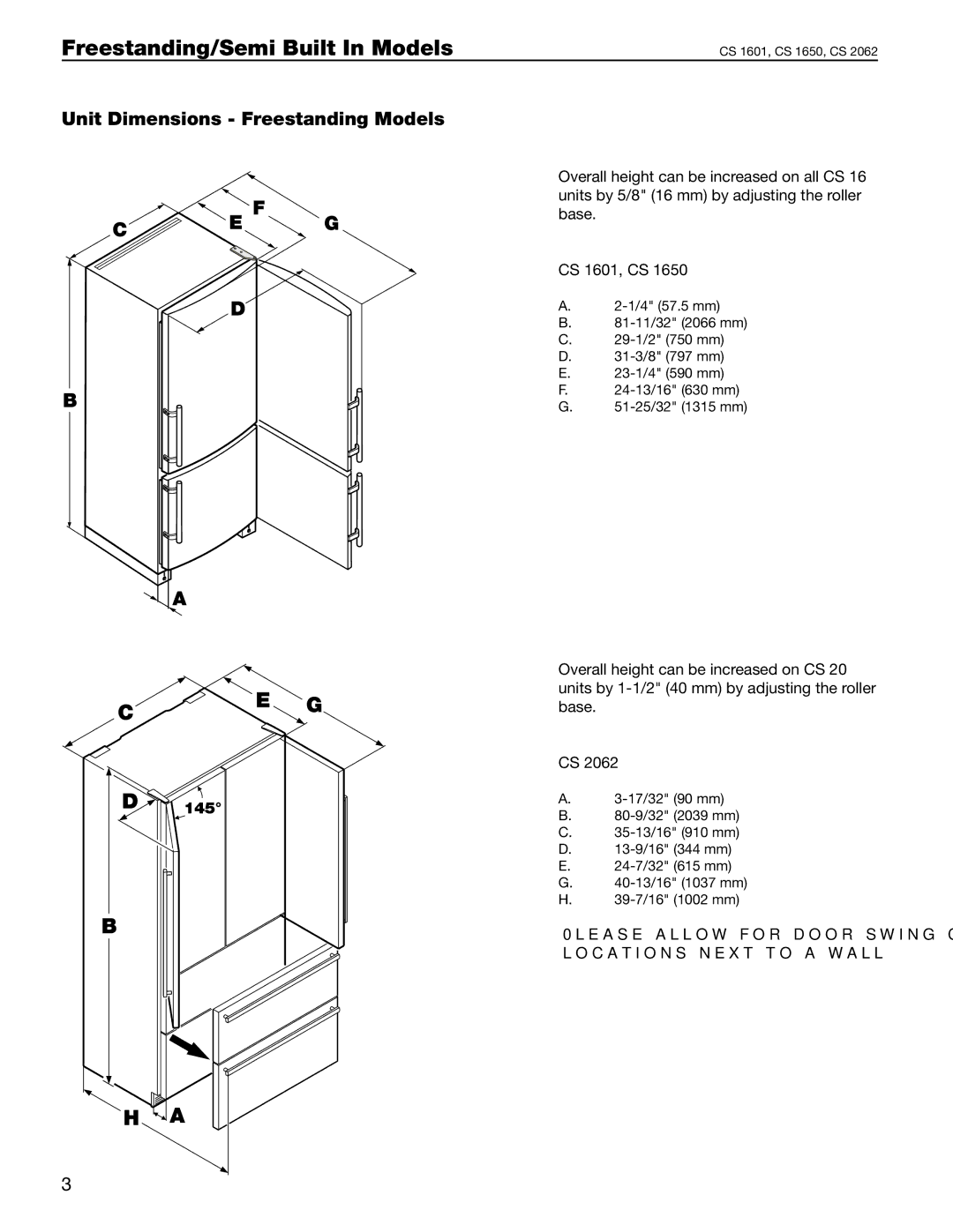 Liebherr SBS 32S0, CS 1650, CS 1601 manual Unit Dimensions Freestanding Models 