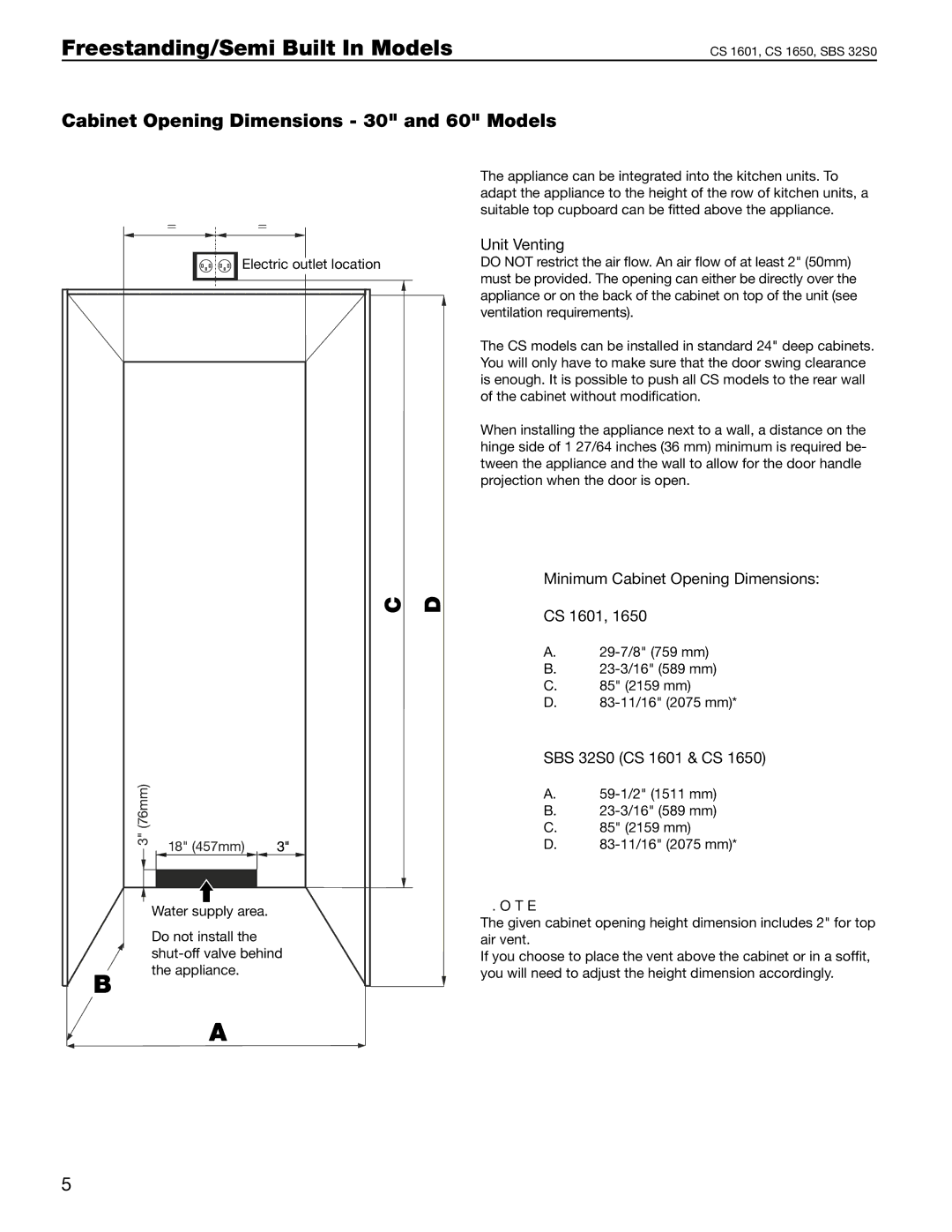 Liebherr CS 1601, SBS 32S0, CS 1650 manual Cabinet Opening Dimensions 30 and 60 Models, Unit Venting 