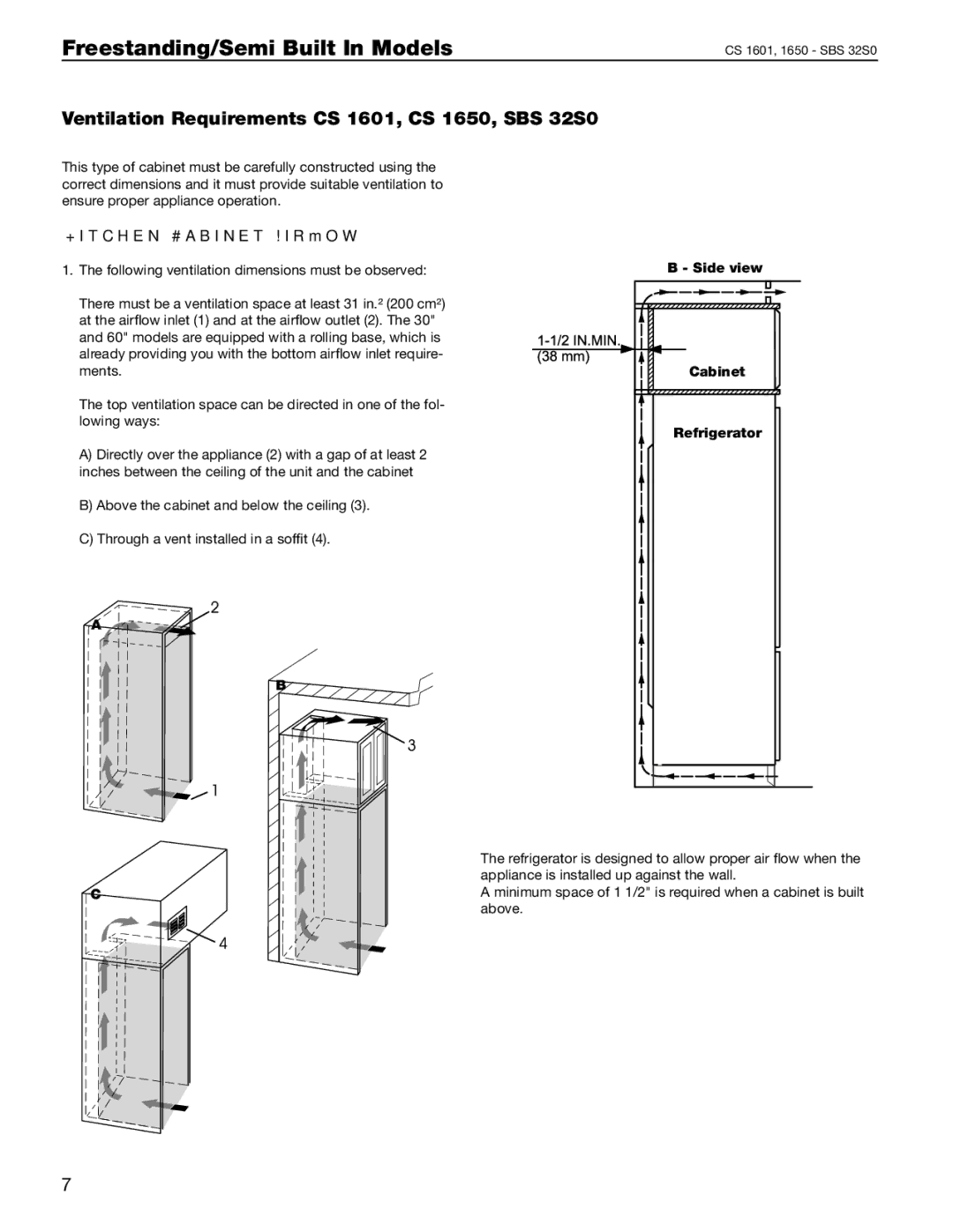 Liebherr manual Ventilation Requirements CS 1601, CS 1650, SBS 32S0, Kitchen Cabinet Airﬂow 