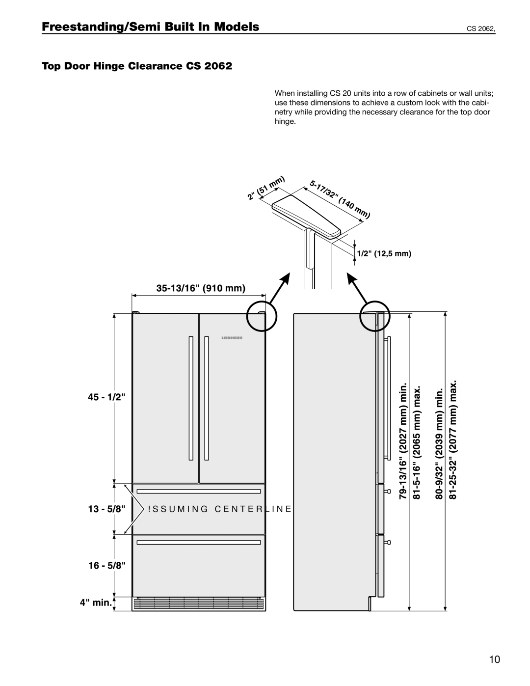 Liebherr CS 1650, SBS 32S0, CS 1601 manual Top Door Hinge Clearance CS 