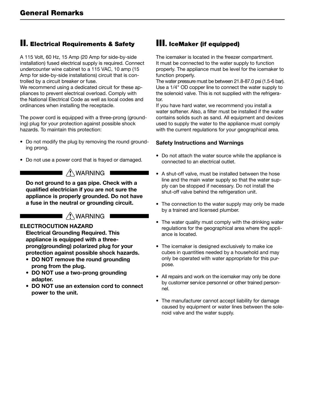 Liebherr CS 1601 manual II. Electrical Requirements & Safety, III. IceMaker if equipped, Safety Instructions and Warnings 