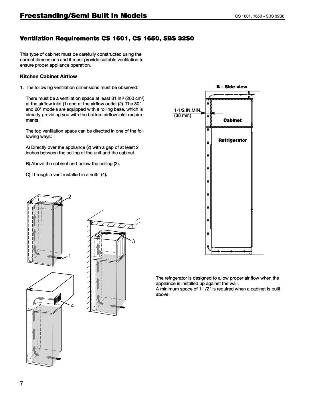 Liebherr Ventilation Requirements CS 1601, CS 1650, SBS 32S0, Freestanding/Semi Built In Models, Kitchen Cabinet Airﬂow 