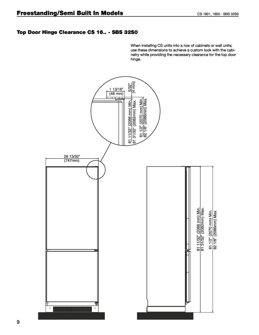 Liebherr manual Top Door Hinge Clearance CS 16.. - SBS 32S0, Freestanding/Semi Built In Models, CS 1601, 1650 - SBS 32S0 