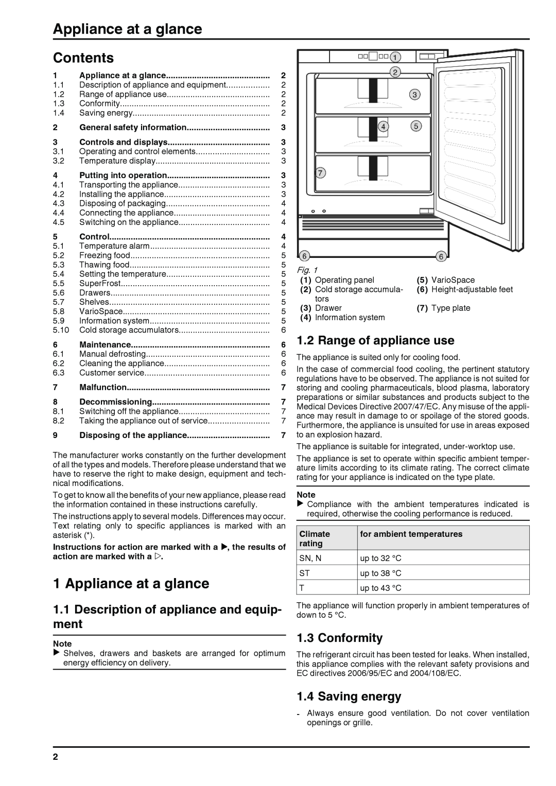 Liebherr UIG1313 Appliance at a glance, Contents, 1.1Description of appliance and equip- ment, Range of appliance use 