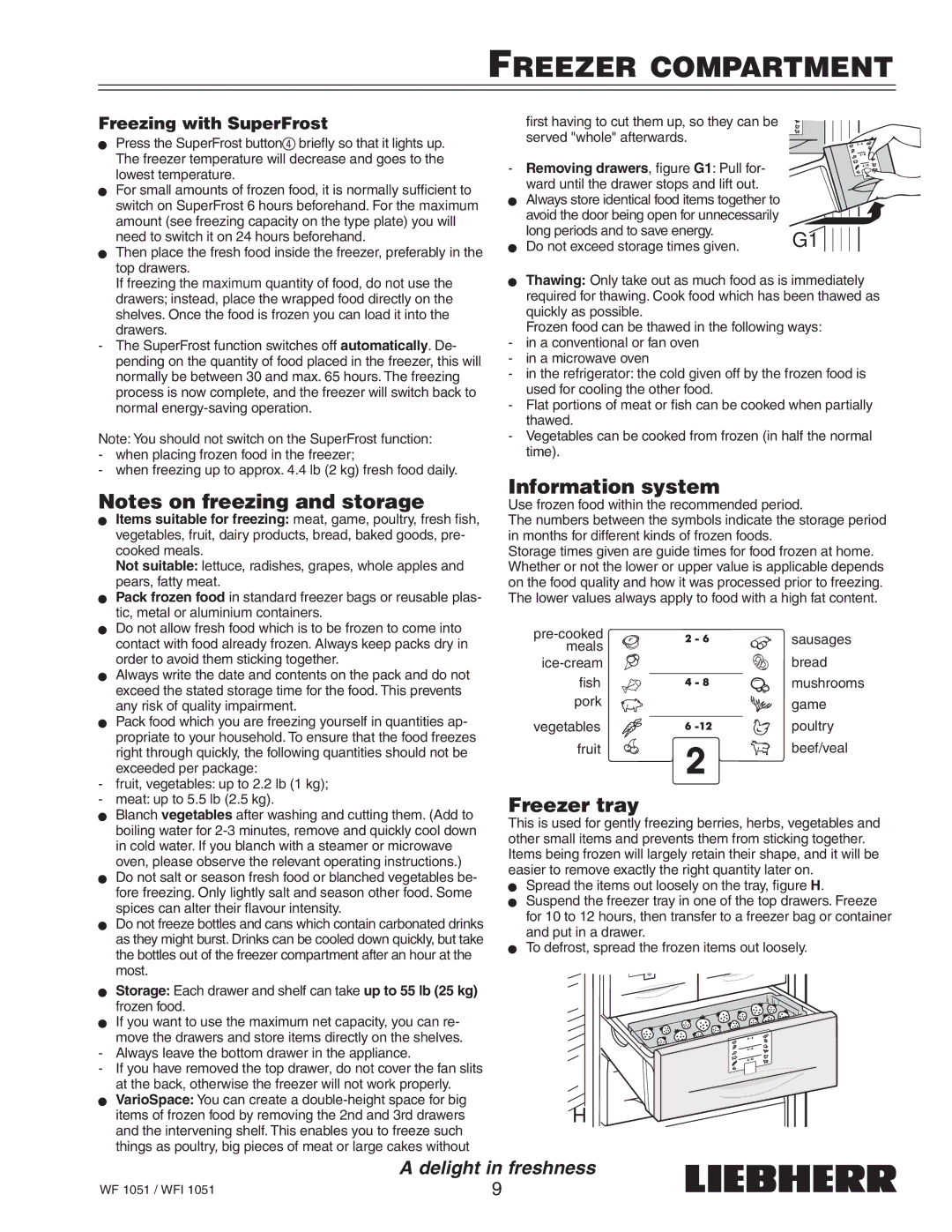 Liebherr WF1051, WFI1051 manual Freezer Compartment, Information system, Freezer tray 