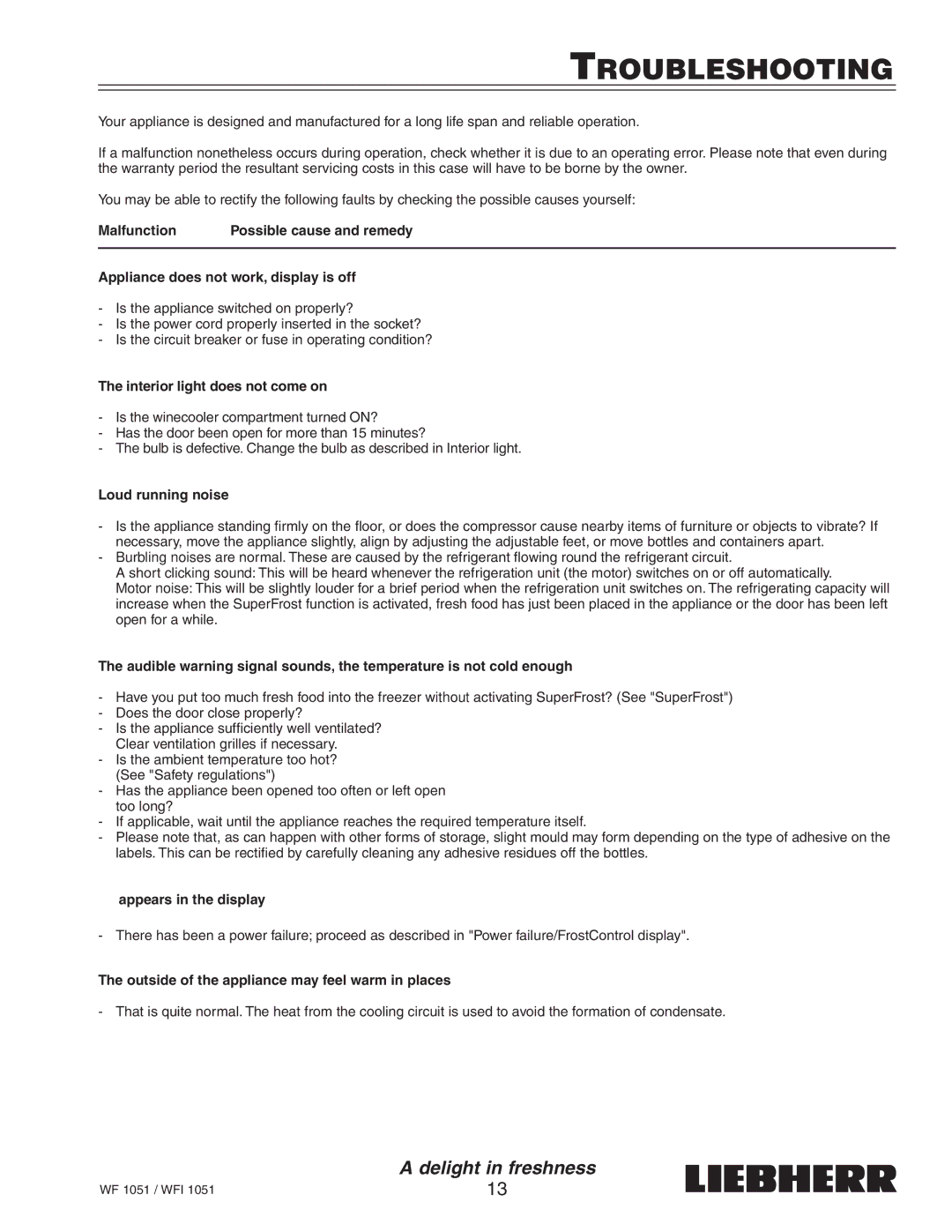 Liebherr WF1051, WFI1051 manual Troubleshooting, Interior light does not come on, Loud running noise, Appears in the display 
