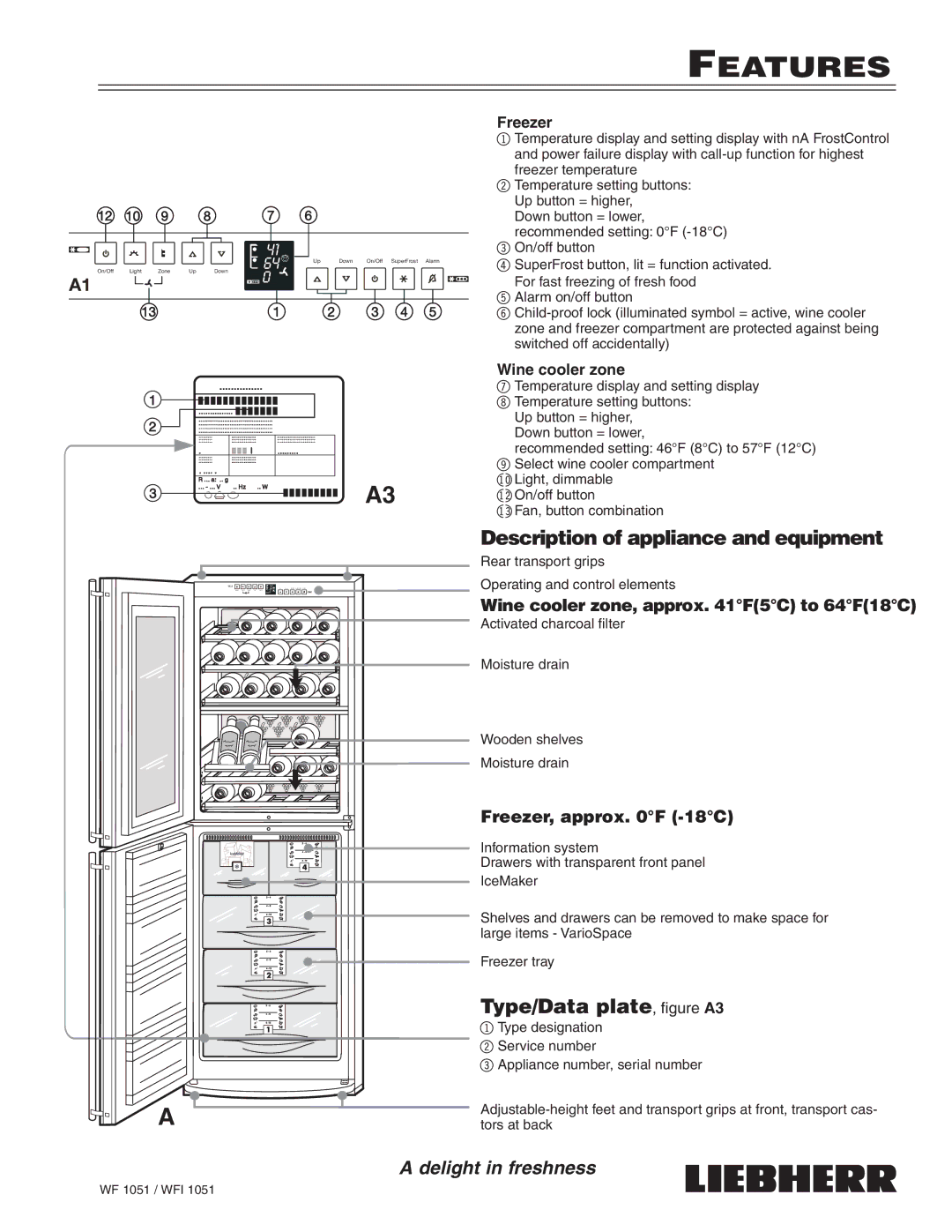 Liebherr WF1051, WFI1051 manual Features, Description of appliance and equipment, Type/Data plate, ﬁ gure A3 