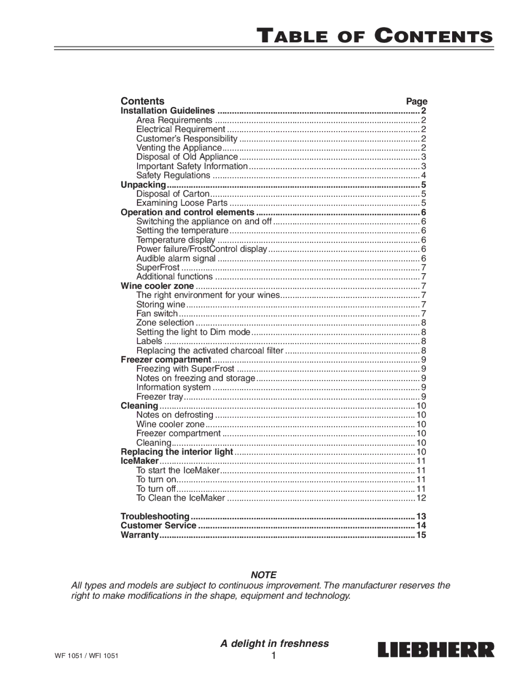 Liebherr WF1051, WFI1051 manual Table of Contents 