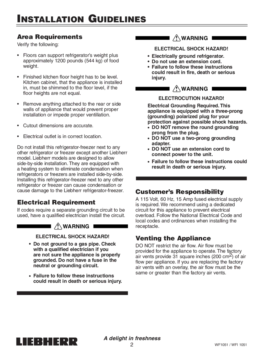 Liebherr WFI1051, WF1051 Installation Guidelines, Area Requirements, Electrical Requirement, Customer’s Responsibility 