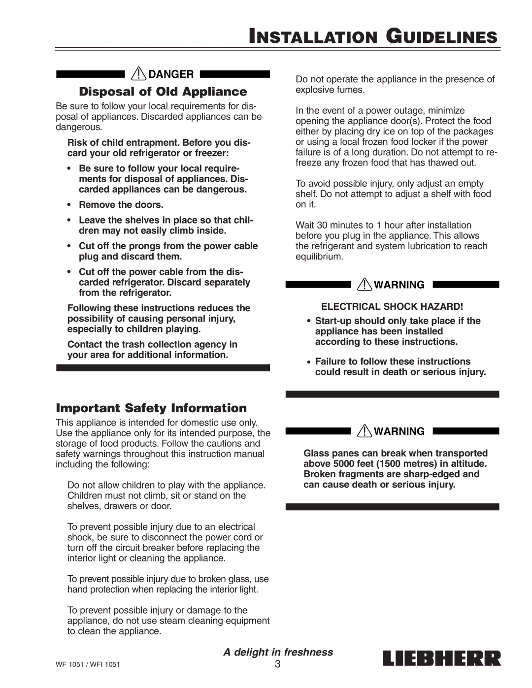 Liebherr WF1051, WFI1051 manual Disposal of Old Appliance, Important Safety Information 