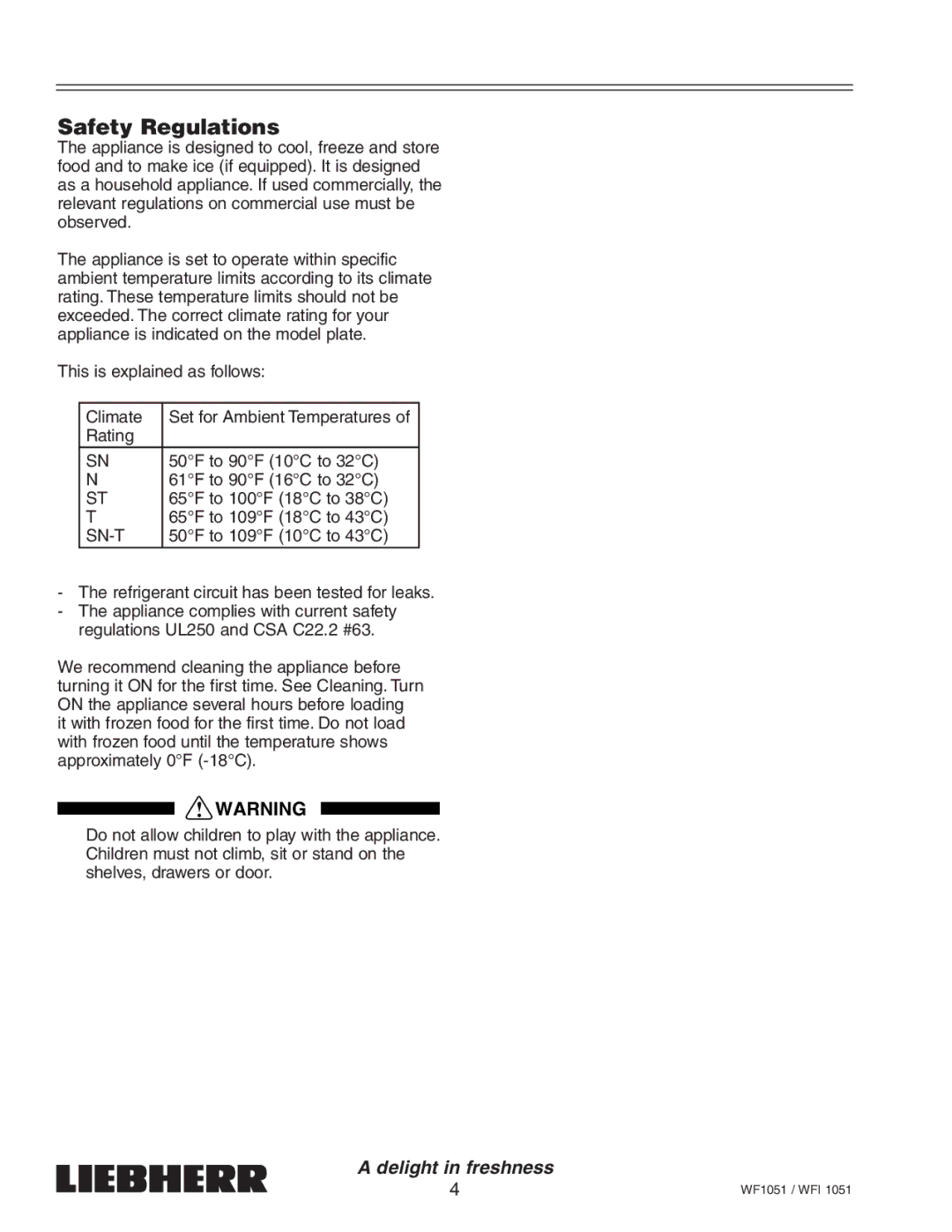 Liebherr WFI1051, WF1051 manual Safety Regulations, Sn-T 