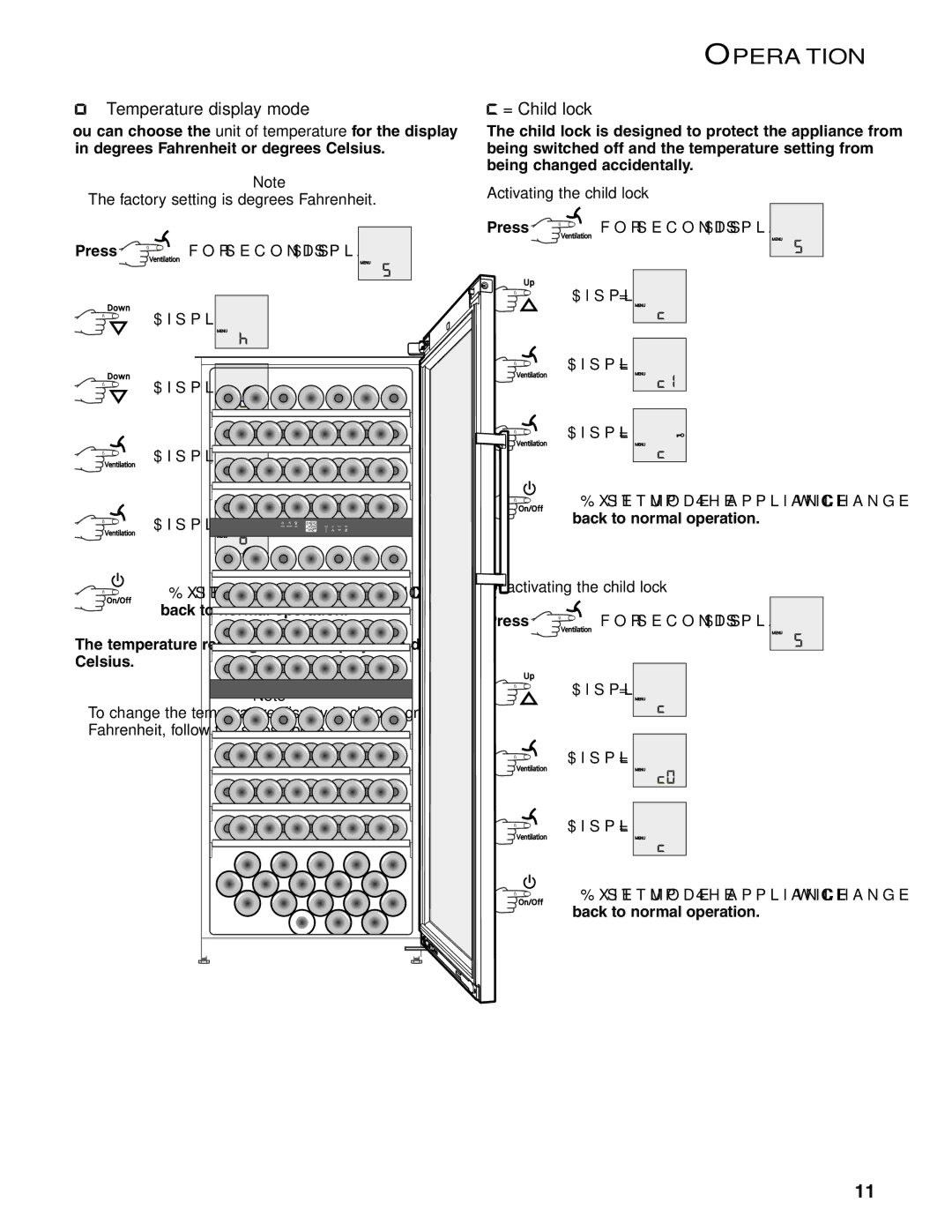 Liebherr WS 17800 manual = Temperature display mode, = Child lock, Activating the child lock, Deactivating the child lock 