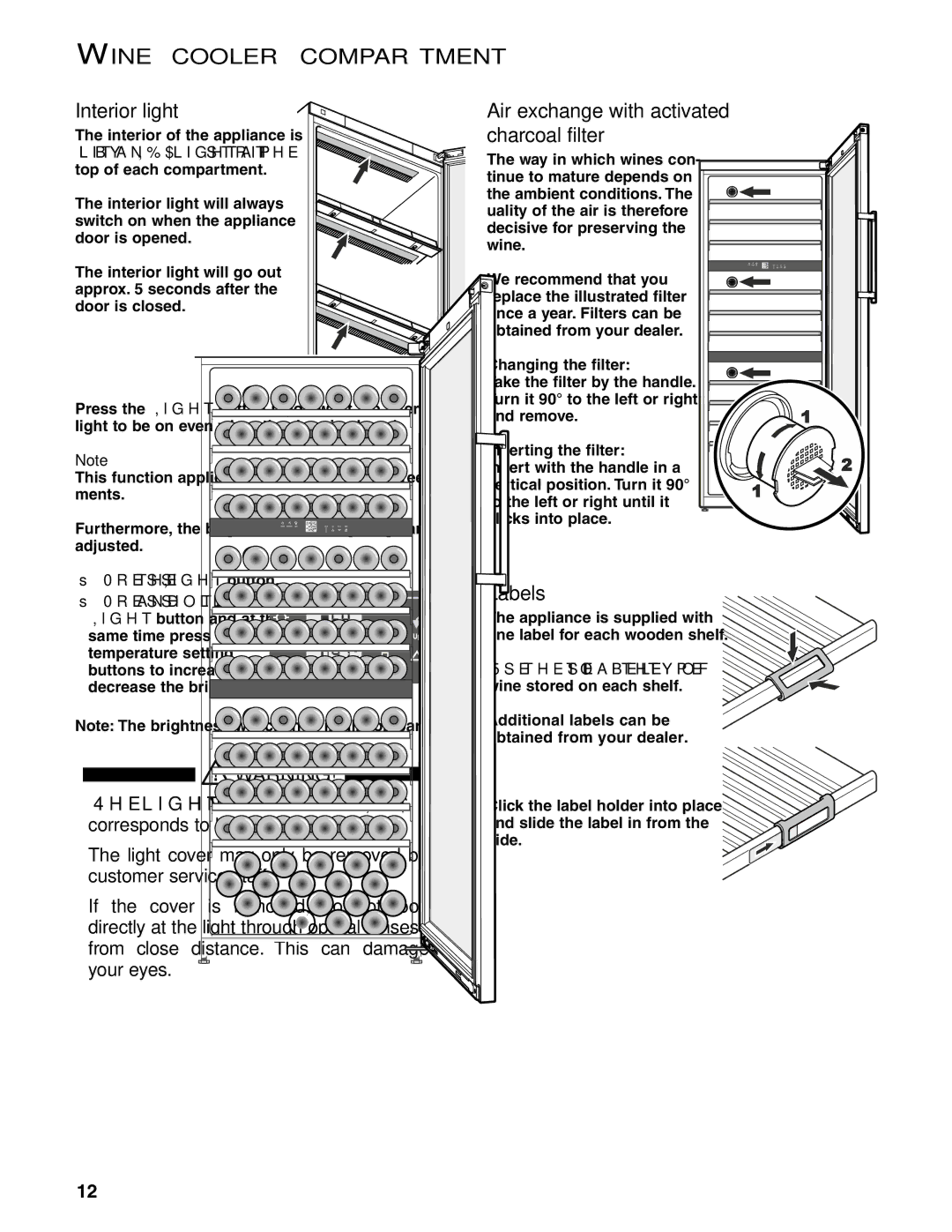 Liebherr WS 17800 manual Wine cooler compartment, Interior light, Air exchange with activated charcoal filter, Labels 