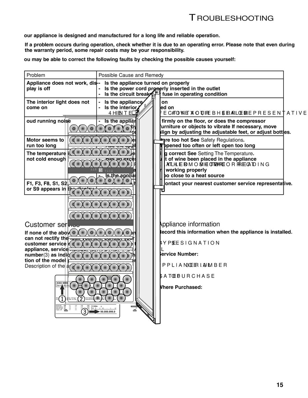 Liebherr WS 17800 manual Troubleshooting, Appliance information, Problem Possible Cause and Remedy 