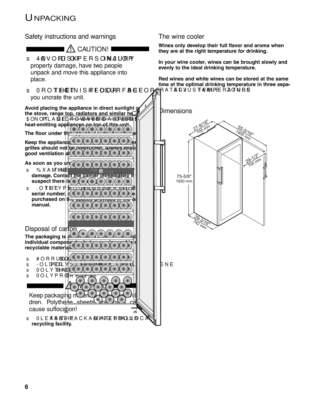 Liebherr WS 17800 manual Unpacking, Safety instructions and warnings, Disposal of carton, Wine cooler, Dimensions 