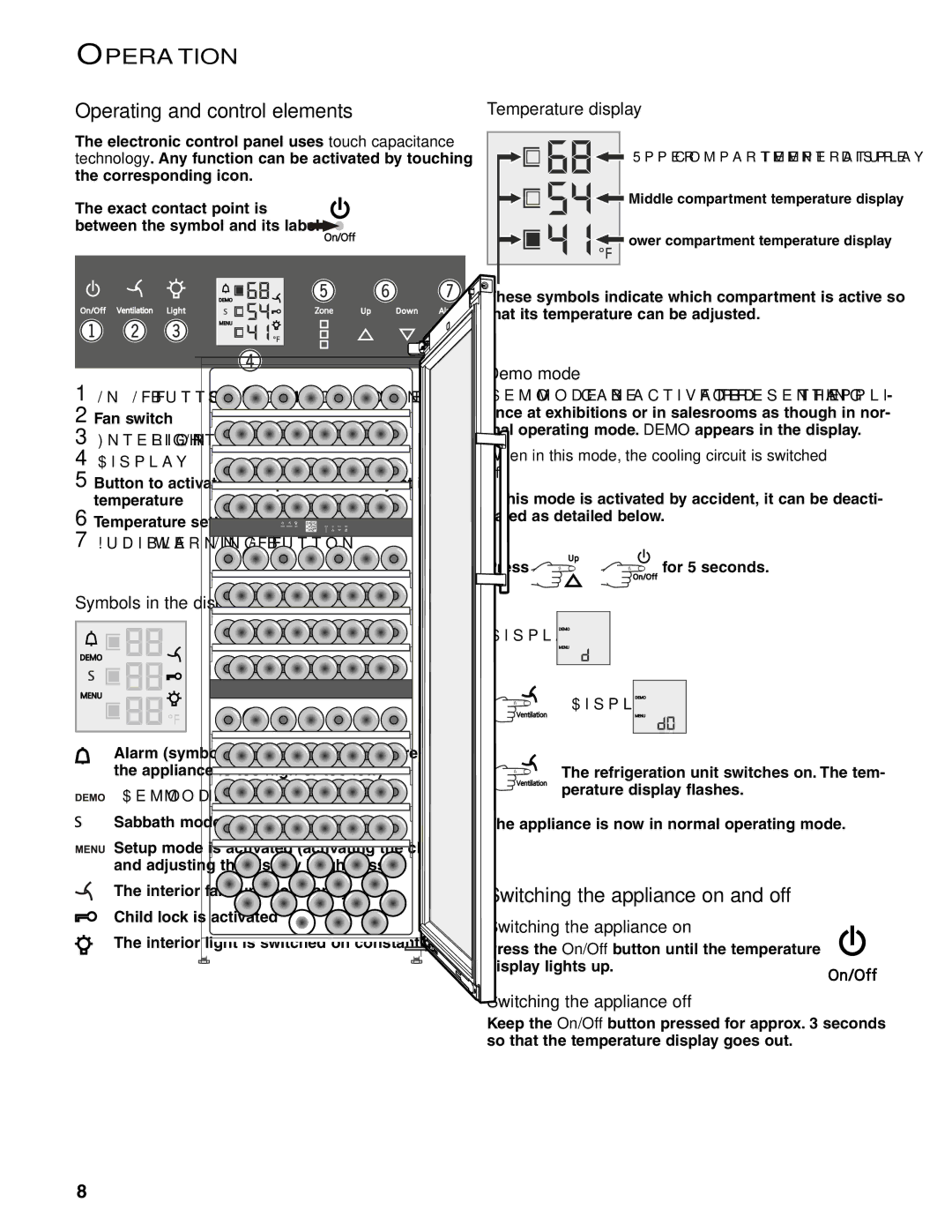 Liebherr WS 17800 manual Operation, Operating and control elements, Switching the appliance on and off 