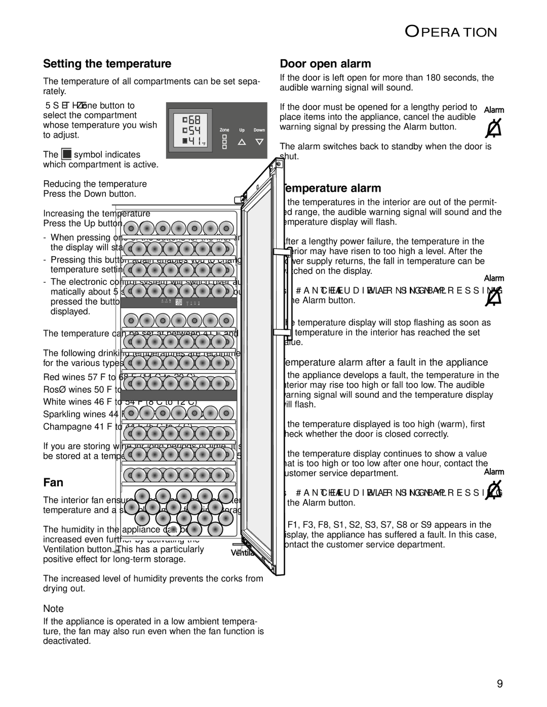 Liebherr WS 17800 manual Setting the temperature, Fan, Door open alarm, Temperature alarm 